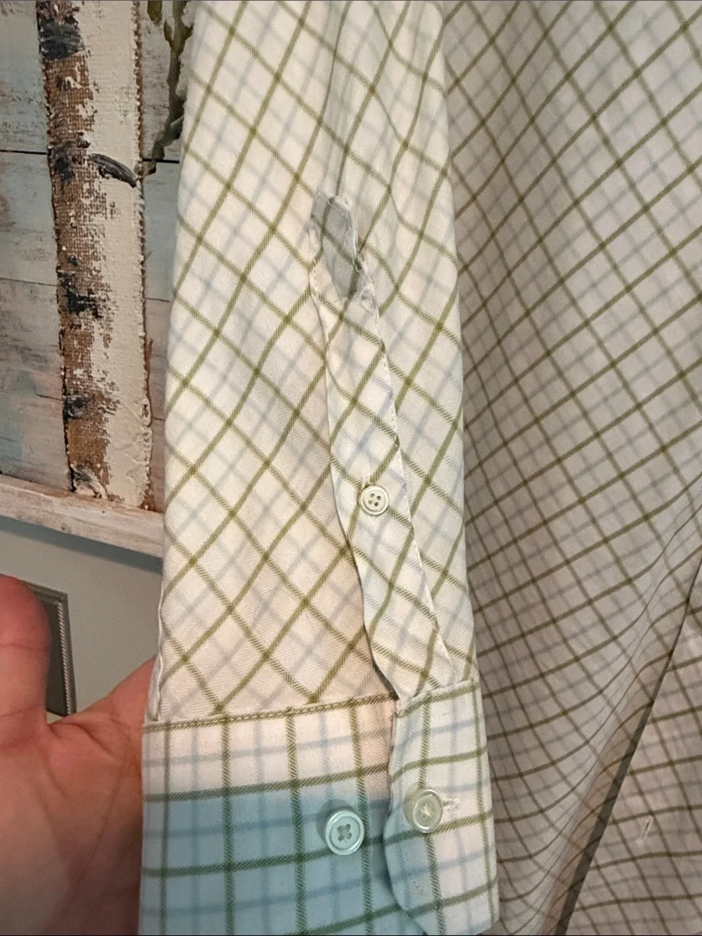Banana Republic Men's Green and White Plaid Dress Shirt